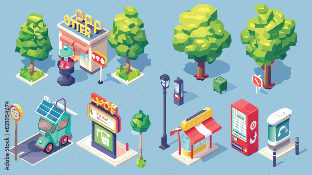 Street objects set of four with isometric trees road
