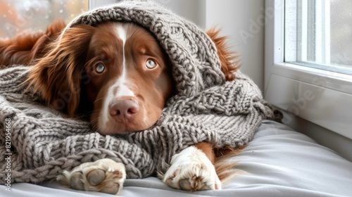 Charming dog wearing a charming knitted hat and sweater in a delightful homemade ensemble photo