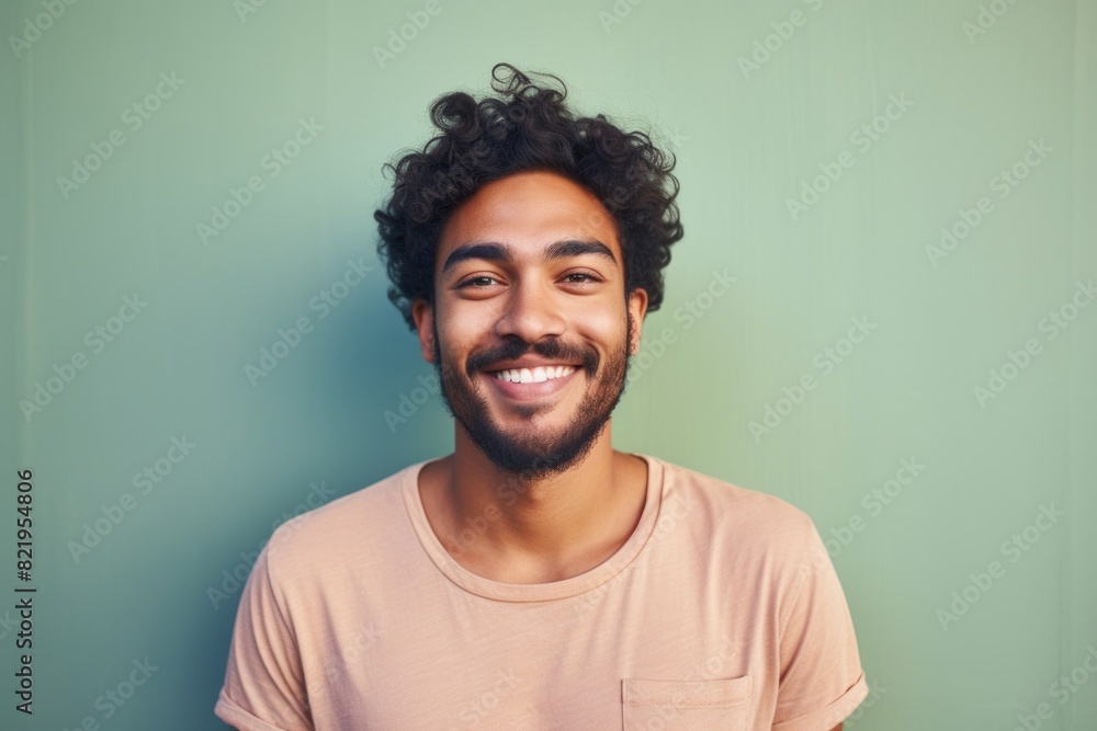 Portrait of a cheerful indian man in his 20s smiling at the camera in solid pastel color wall Portrait of a cheerful indian man in his 20s smiling at the camera in solid pastel color wall
