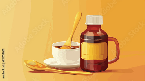 Bottles of cough syrup spoon and cup on yellow background