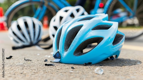 Close up of a bicycle helmet on city street pavement following an automobile accident