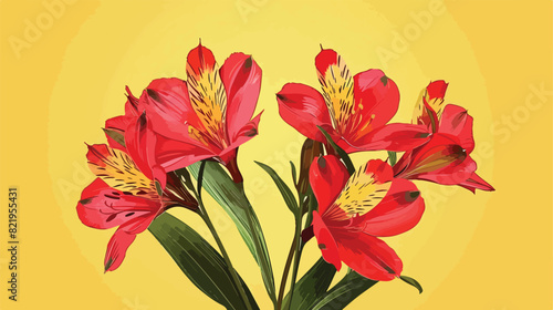 Bouquet of red alstroemeria flowers on yellow background