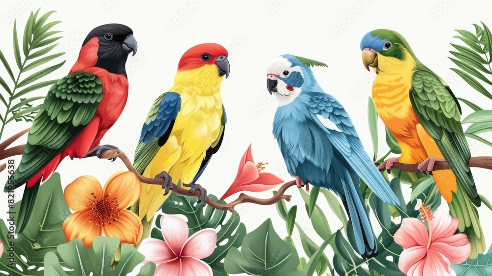 Group of colorful birds perched on a branch. Suitable for nature and wildlife themes