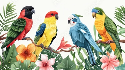 Group of colorful birds perched on a branch. Suitable for nature and wildlife themes © Fotograf