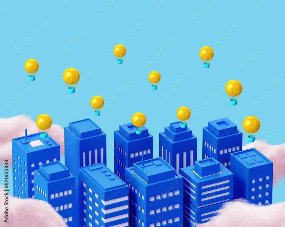 Blue city isometric 3d with ballons pattern illustration