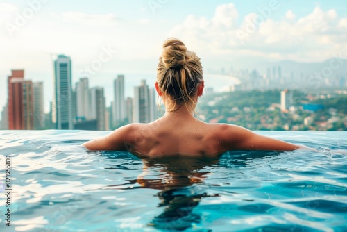  Woman relaxing in an infinity pool with a view of a city skyline, shot from behind. Luxury hotel resort swimming area with a panoramic view of the water surface.. travel vacation holidays concept,