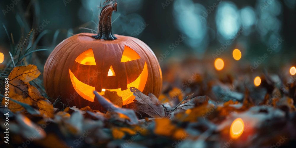 Naklejka premium Halloween, Jack Lantern with glowing eyes on dry leaves in the dark. Minimalism, banner, postcard.