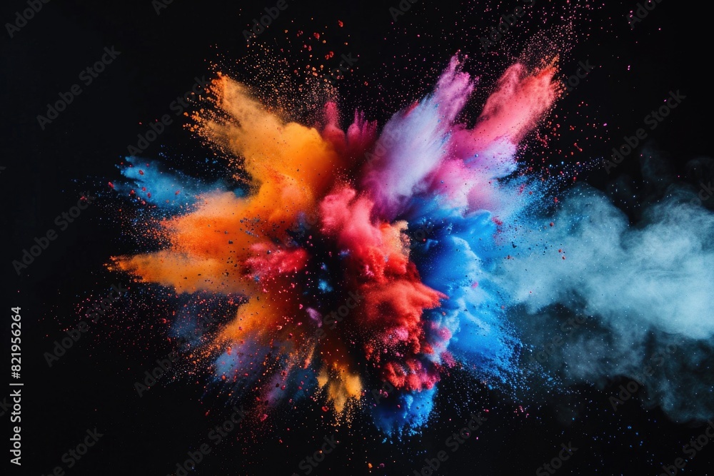Vibrant explosion of powder on a dark backdrop. Perfect for advertising campaigns or event promotions Vibrant explosion of powder on a dark backdrop. Perfect for advertising campaigns or event promotions
