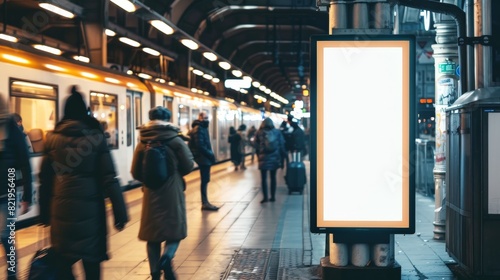 This mockup presents a lightbox vertical billboard with a blank digital screen, perfectly situated at the train station. The white poster is ready for advertisements 
