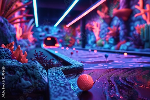 Adults and kids can practice and enjoy themselves while playing miniature golf inside a neon-lit room lovely vivid barren space and space, Generative AI.