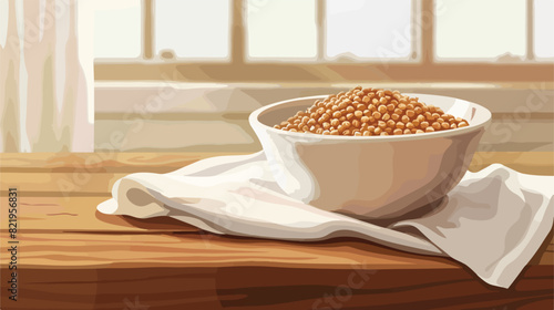 Bowl with buckwheat grains and napkin on table Vector