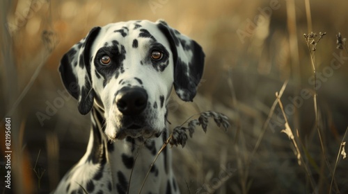A Dalmatian dog sitting in a field of tall grass, suitable for pet-related projects