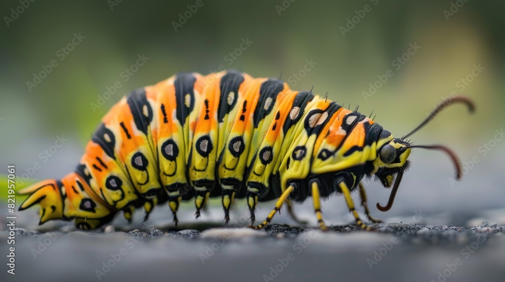 Detailed close-up of a caterpillar butterfly on the ground. Suitable for educational materials Detailed close-up of a caterpillar butterfly on the ground. Suitable for educational materials