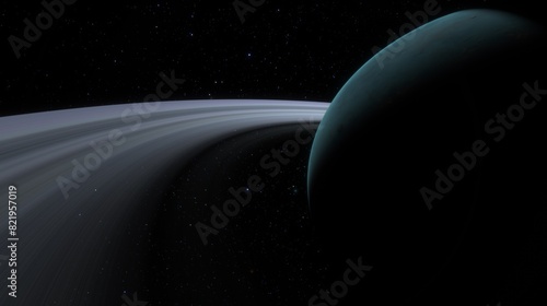 Breathtaking view of Saturns rings and dark side, captured in space during nighttime, highlighting the planets majestic rings against the starry background
