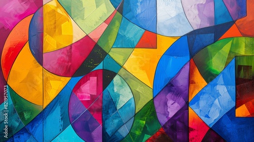 Modern abstract artwork depicting interconnected curved shapes in a rainbow of colors, ideal for contemporary spaces.