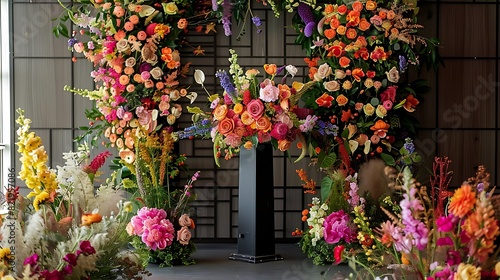 Vibrant floral decor surrounding a podium, adding warmth and color to the event space.