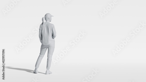 A lone woman stands thoughtfully in a stark white, open space, radiating tranquility. 3d render