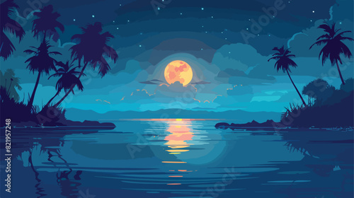 Night moonlight on sea beach island vector background