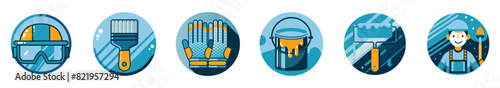 A series of blue-themed icons representing different tools and equipment used in construction or maintenance. Each icon is detailed, showcasing items like a helmet, paintbrush, and wrench.