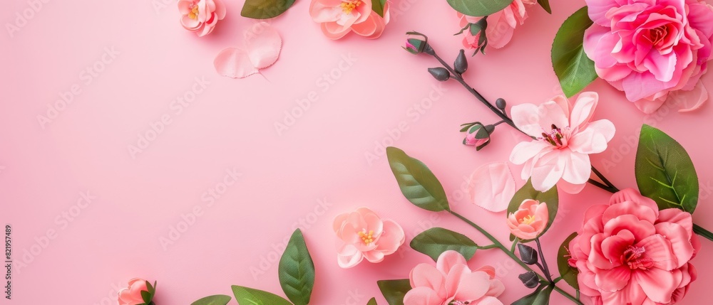 Pink flowers and green leaves on a pink background.