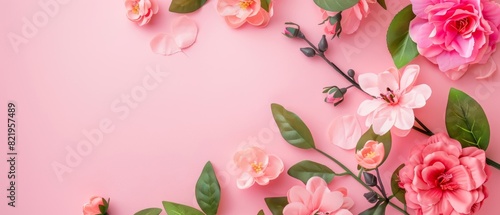 Pink flowers and green leaves on a pink background. photo
