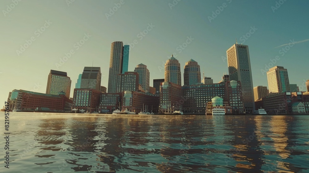 Fototapeta premium A scenic view of a city skyline from the water, perfect for travel websites or urban development projects