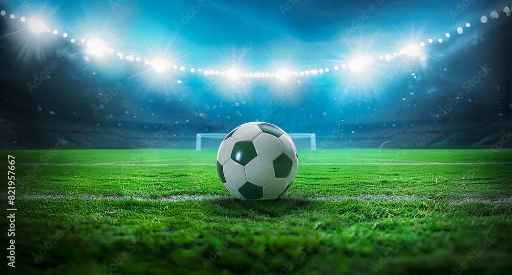 Naklejka premium Balón de Fútbol en el Campo del Estadio con Reflector y Portería Vacía: Fondo de Banner de Alta Calidad con Espacio para Texto como Elemento de Diseño