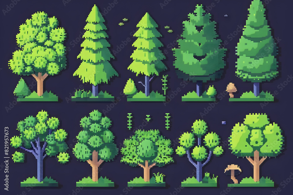 Fototapeta premium Trees and bushes flat cartoon illustration collection, game assets isolated on black background