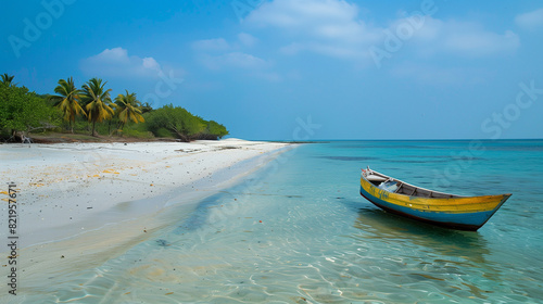 An island that resembles an oasis of peace and beauty. Its coastline is surrounded by the blue waters of the Indian Ocean, and several traditional wooden boats float on the horizon.