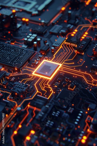 Detailed view of an electronic circuit board, suitable for technology concepts