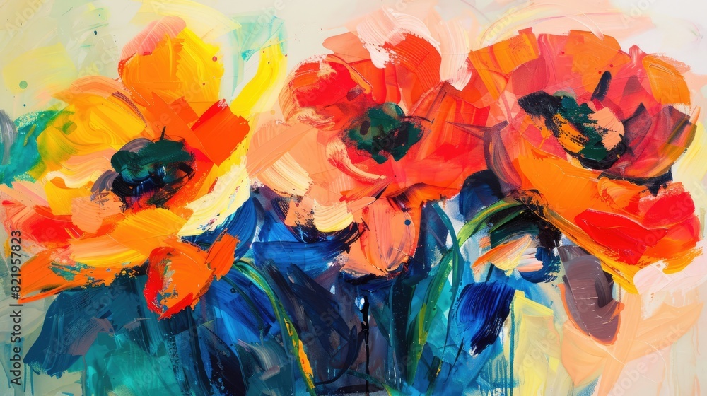 Aesthetic vibrant colorful abstract flowers and leaves in naive hand drawn style. Natural floral background, poster, print Aesthetic vibrant colorful abstract flowers and leaves in naive hand drawn style. Natural floral background, poster, print