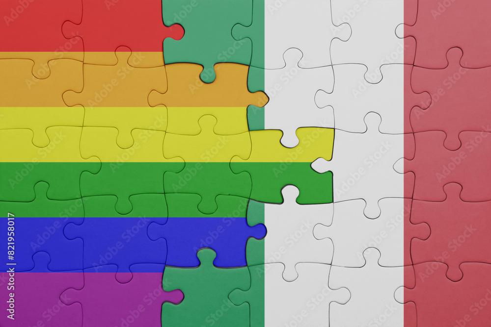puzzle with the colourful national flag of italy and rainbow gay pride flag . puzzle with the colourful national flag of italy and rainbow gay pride flag .