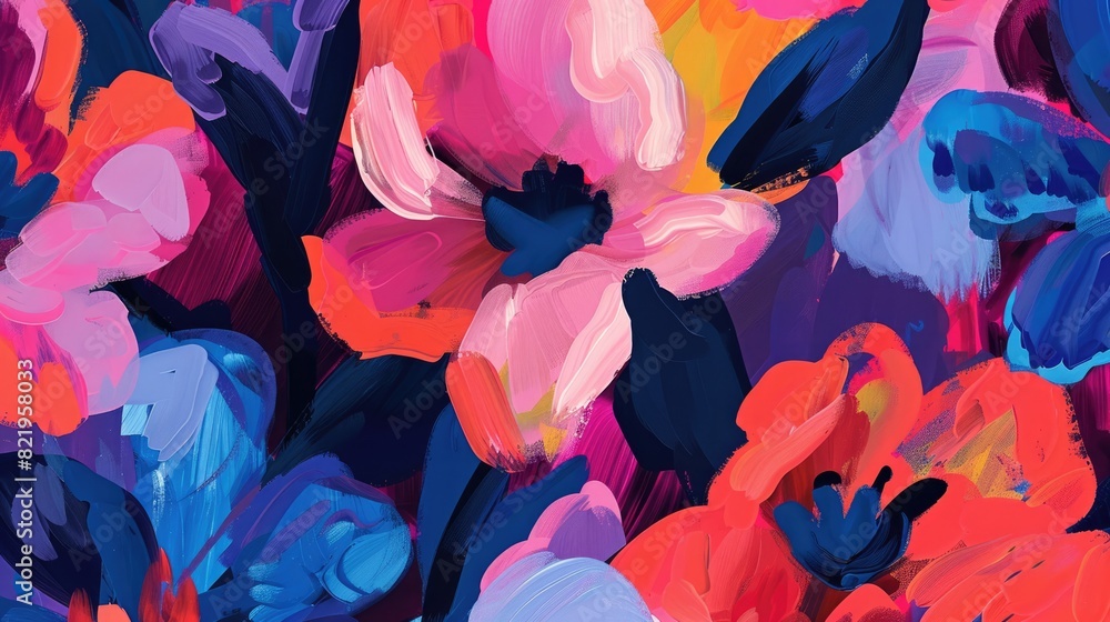 Aesthetic vibrant colorful abstract flowers and leaves in naive hand drawn style. Natural floral background, poster, print Aesthetic vibrant colorful abstract flowers and leaves in naive hand drawn style. Natural floral background, poster, print
