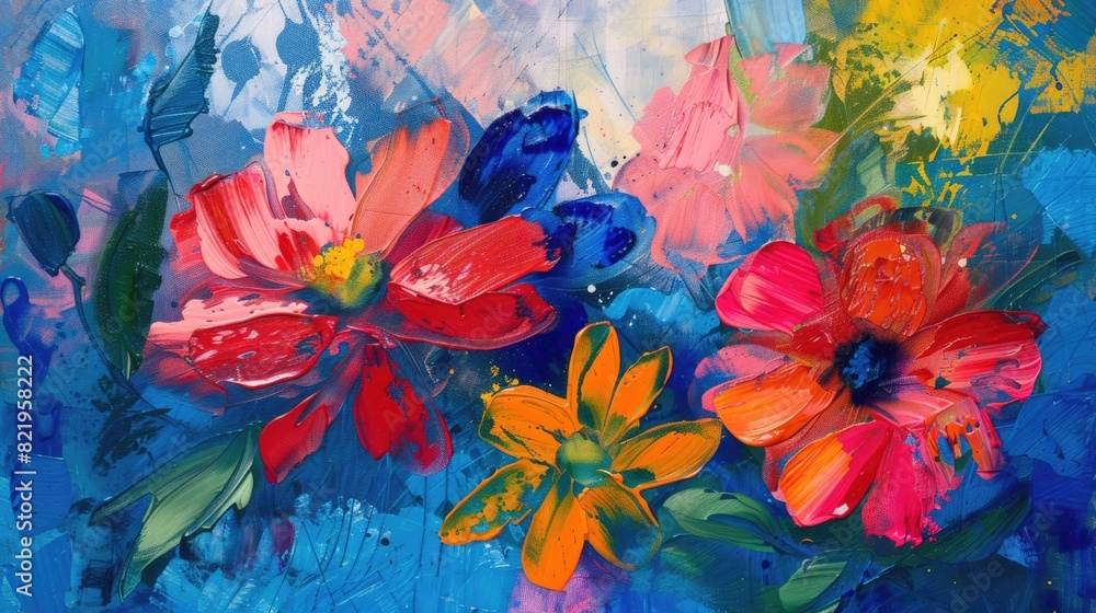 Aesthetic vibrant colorful abstract flowers and leaves in naive hand drawn style. Natural floral background, poster, print Aesthetic vibrant colorful abstract flowers and leaves in naive hand drawn style. Natural floral background, poster, print