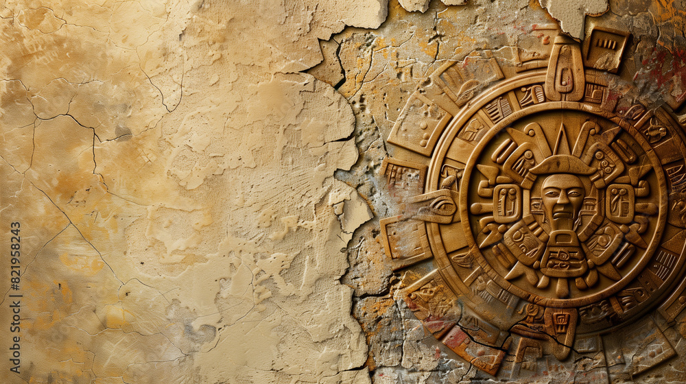 The background shows a beautiful, aged wall with a Mesoamerican calendar, full of mysterious symbols and patterns