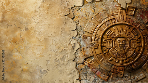 The background shows a beautiful, aged wall with a Mesoamerican calendar, full of mysterious symbols and patterns photo