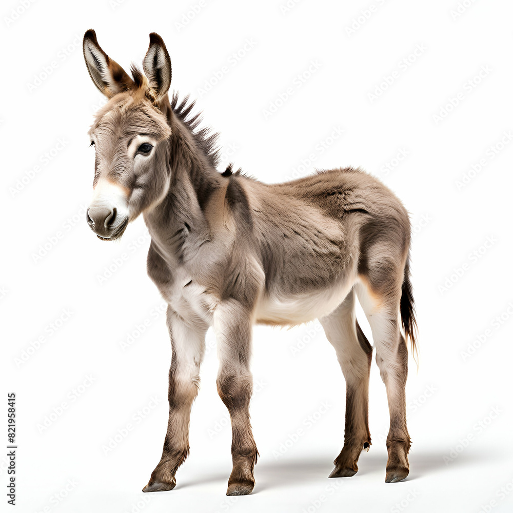 side view of little donkey foal standing against white background, side view of little donkey foal standing against white background,