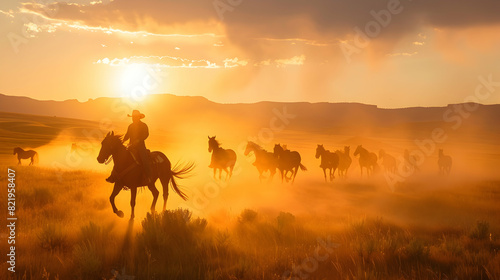 Wild horses leads by a cowboy at sunset with dust in background. photo