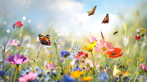 Vibrant meadow alive with buzzing bees and fluttering butterflies amidst blooming flowers.