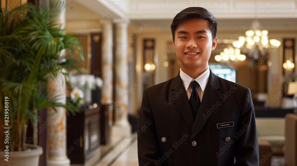 Fototapeta premium In the elegant lobby of a luxury hotel, a young porter greets guests with a smile on his face, ready to offer help at any time.