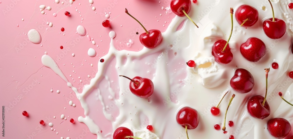 Milk splash with fresh red cherries on pink background. Milk splash with fresh red cherries on pink background.