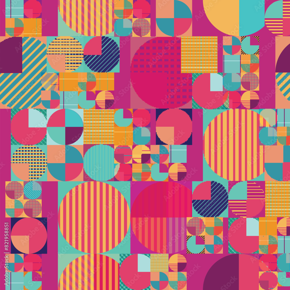 Vibrant geometric seamless pattern featuring circles and squares in shades of pink red orange and aqua on an azure background. Abstract colorful design for textile prints Vibrant geometric seamless pattern featuring circles and squares in shades of pink red orange and aqua on an azure background. Abstract colorful design for textile prints
