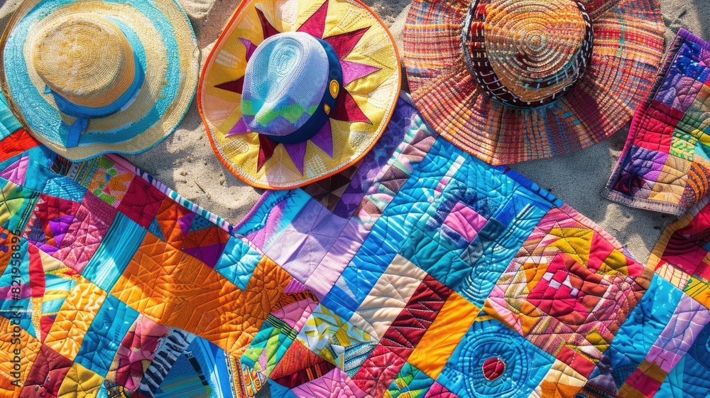An electric blue hat, patterned scarf, stylish sunglasses, and a rainbow towel are laid out on the beach. The colors create a beautiful circle of art amidst the sand and water AIG50
