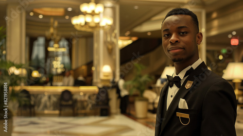 In the elegant lobby of a luxury hotel, a young porter greets guests with a smile on his face, ready to offer help at any time. photo