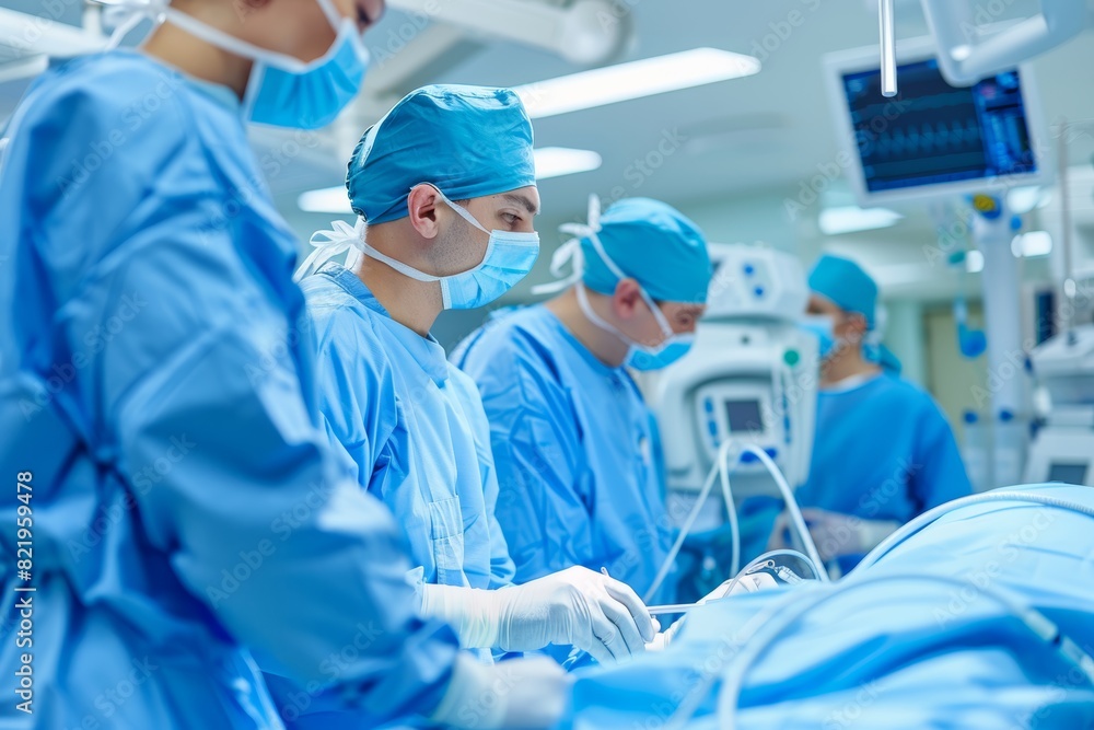 Operating room setting with a portrait of a skilled male surgeon performing a surgery
