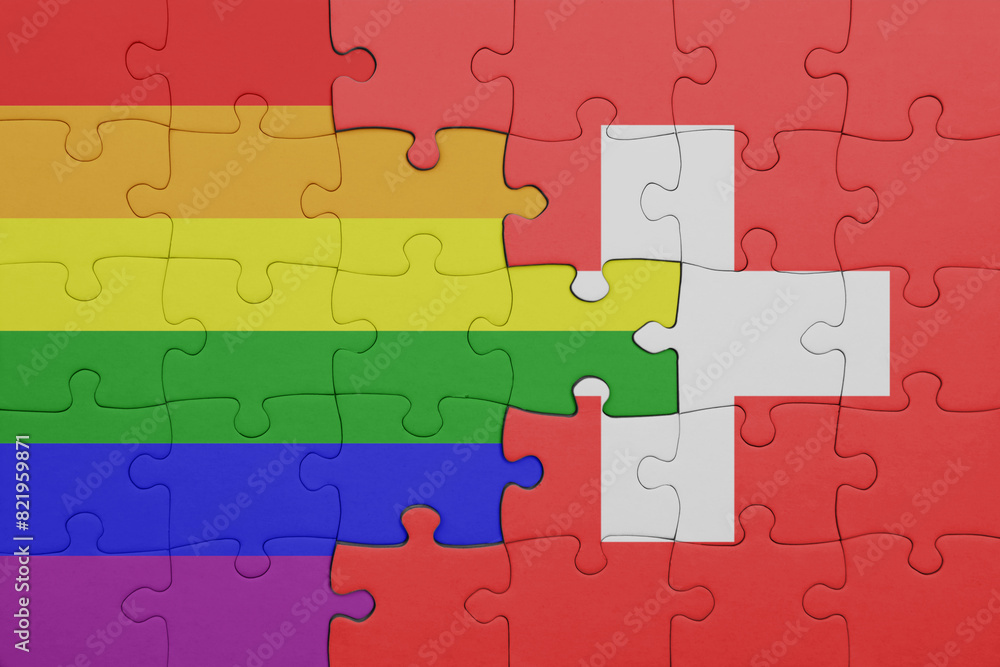 puzzle with the colourful national flag of switzerland and rainbow gay pride flag . puzzle with the colourful national flag of switzerland and rainbow gay pride flag .