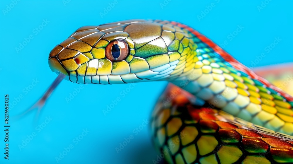 Portrait of a snake with exceptionally vibrant scales and focused gaze, set against a serene blue background, highlighting artistic detail and texture. Portrait of a snake with exceptionally vibrant scales and focused gaze, set against a serene blue background, highlighting artistic detail and texture.