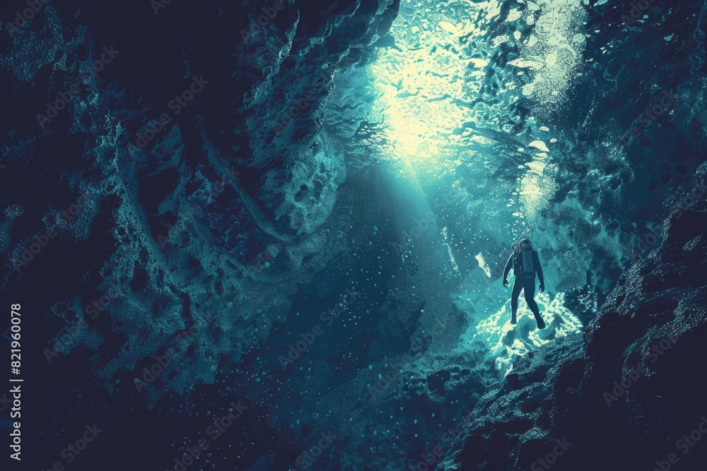 Fototapeta premium Person standing on a surfboard in a cave. Suitable for adventure sports concept