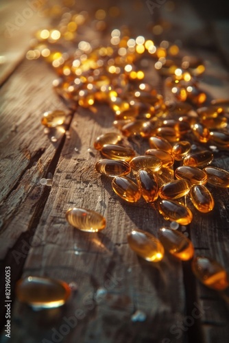 Yellow pills scattered on a wooden table, suitable for medical or addiction concepts