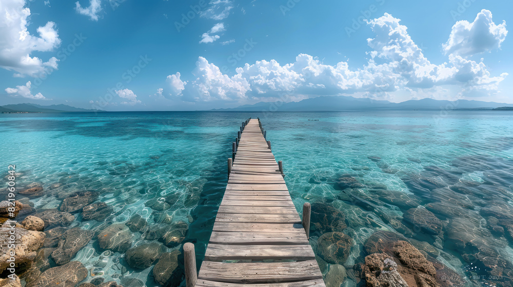 Naklejka premium A wooden bridge that juts out into the sea